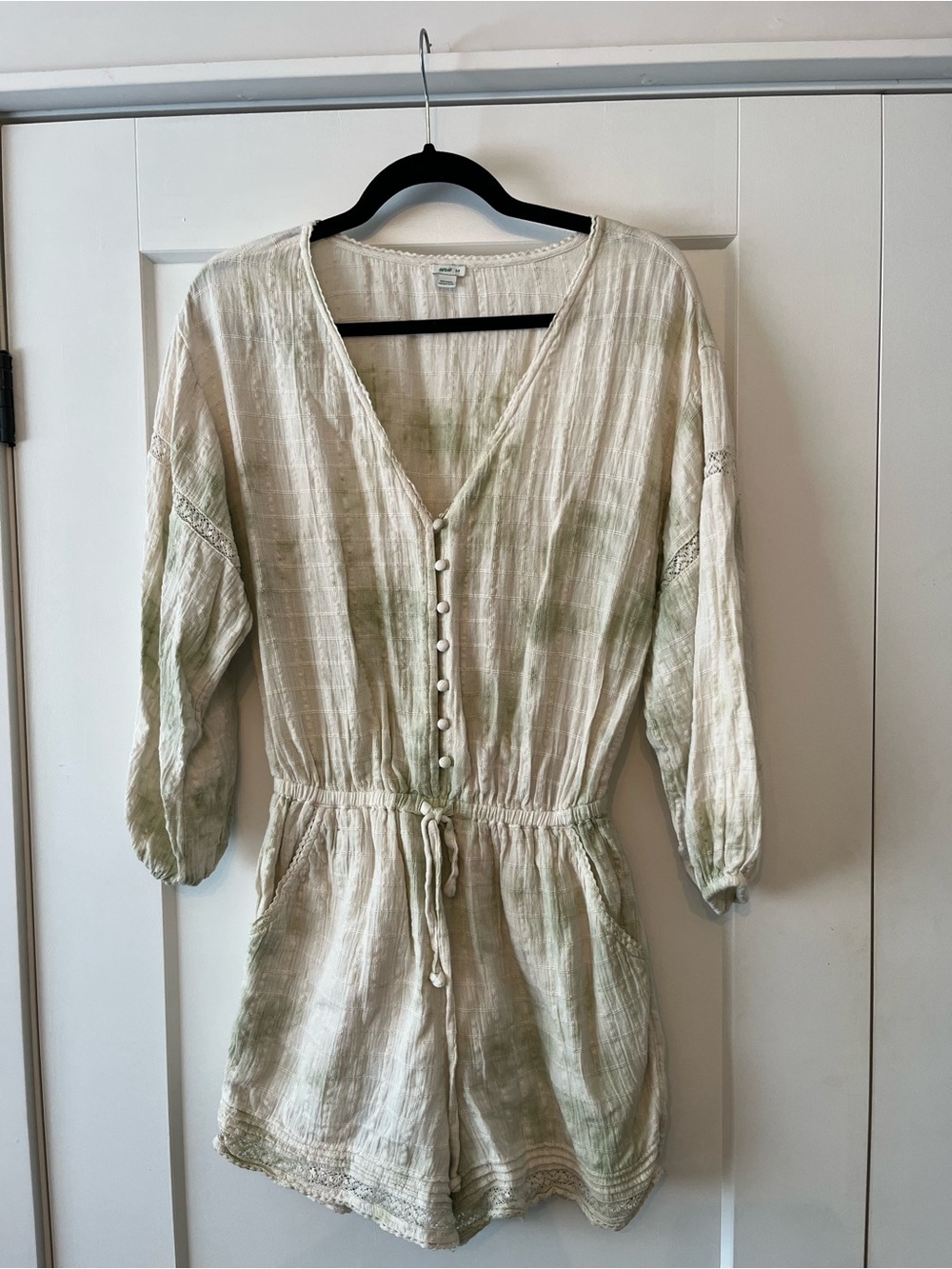Light Green Tie-Dye Cotton Romper Shorts with Button Front
